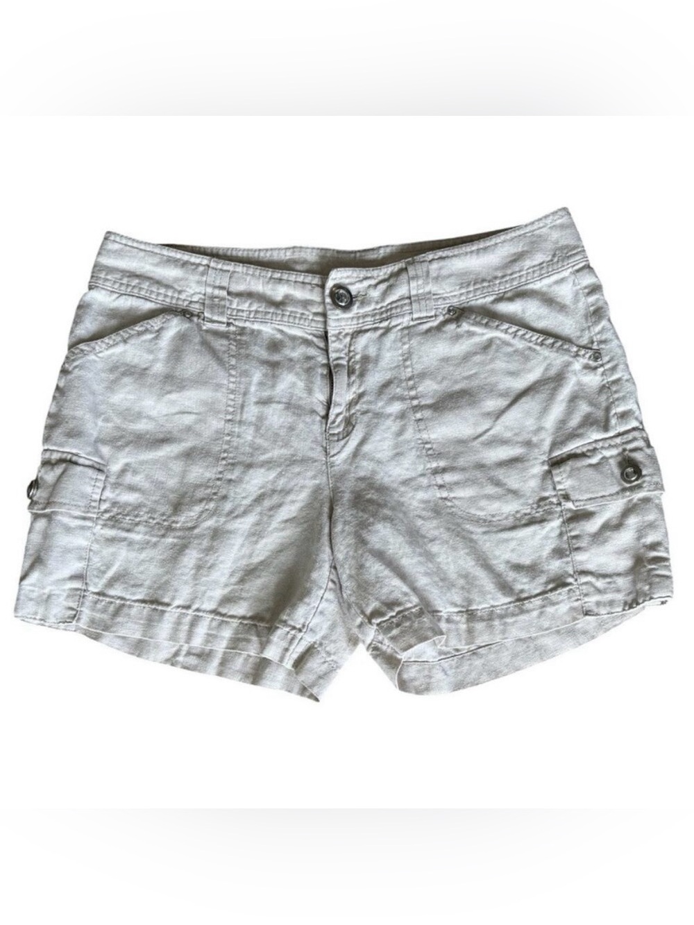 INC Beach 100% Linen Cargo Shorts Oatmeal Off White Mid Rise Sz 10 Utility Boho